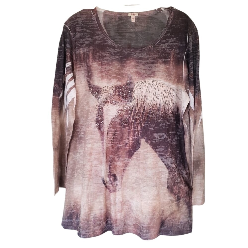 Reba Brown Horse Burnout Sequined Tee  Size Small  Western Glam 3/4 Sleeve